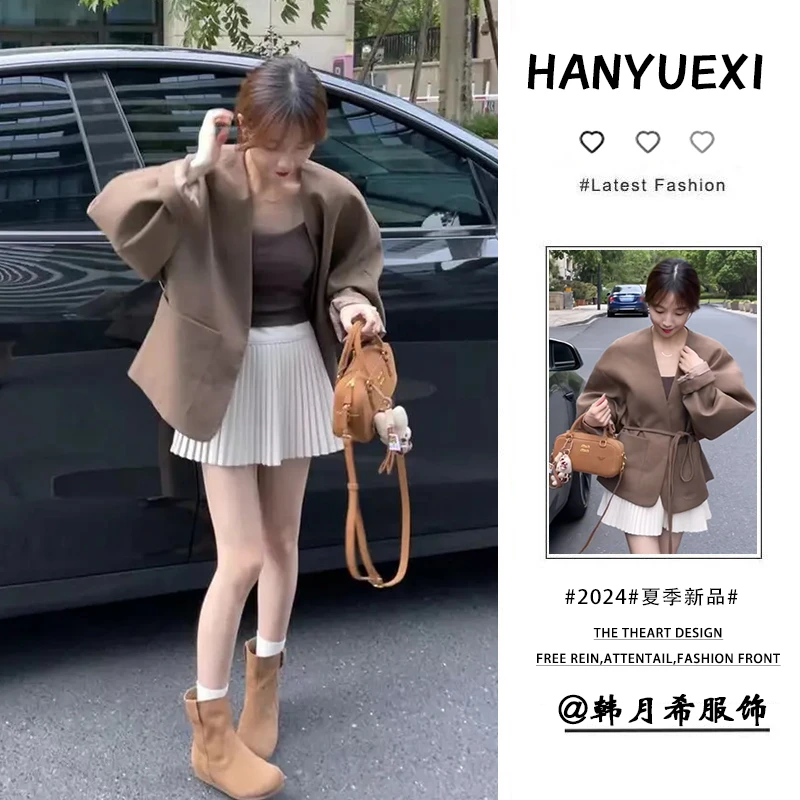 早秋气质穿搭一整套女2024新款韩版绑带西装外套高腰百褶裙两件套