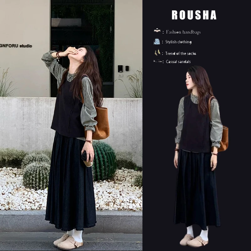 早秋穿搭韩风chic套装2024初秋新款女装马甲衬衫叠穿半身裙三件套