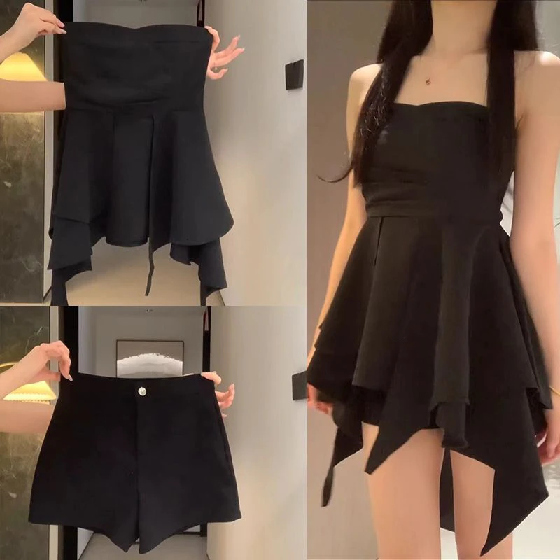 夏季穿搭一整套女2024新款韩版气质抹胸设计感上衣高腰短裤两件套