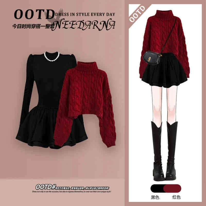 2024秋冬套装女新款高级感红色高领毛衣气质显瘦黑色连衣裙两件套