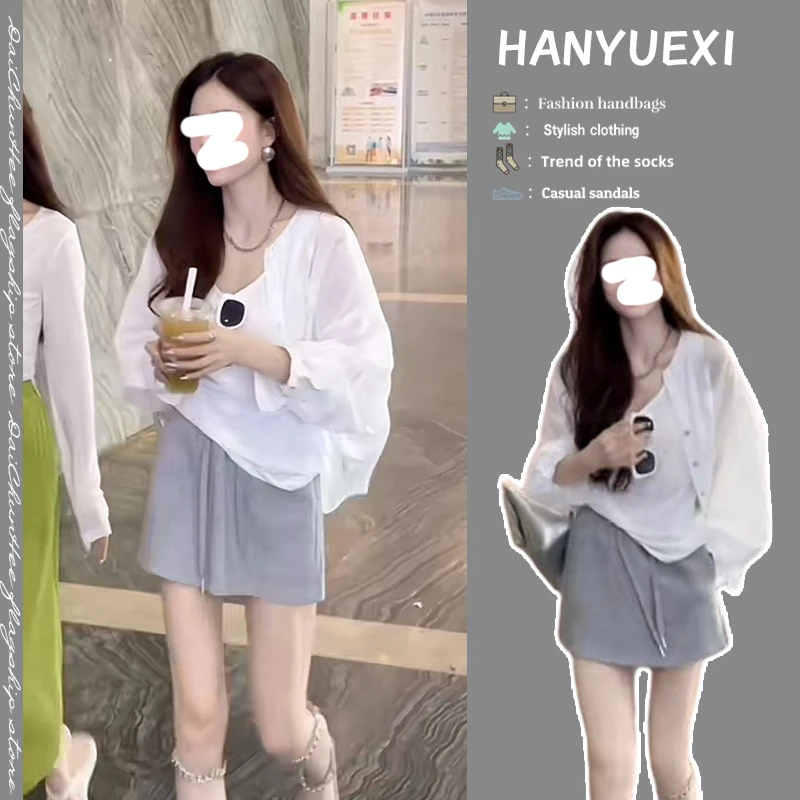 【现货】流行穿搭一整套2024新款百搭背心长袖衬衫休闲短裙三件套