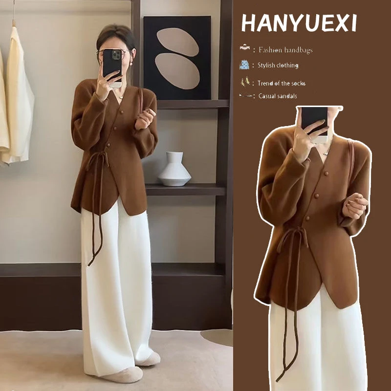 今年流行穿搭一整套2024新款复古绑带上衣高腰显瘦休闲裤两件套潮