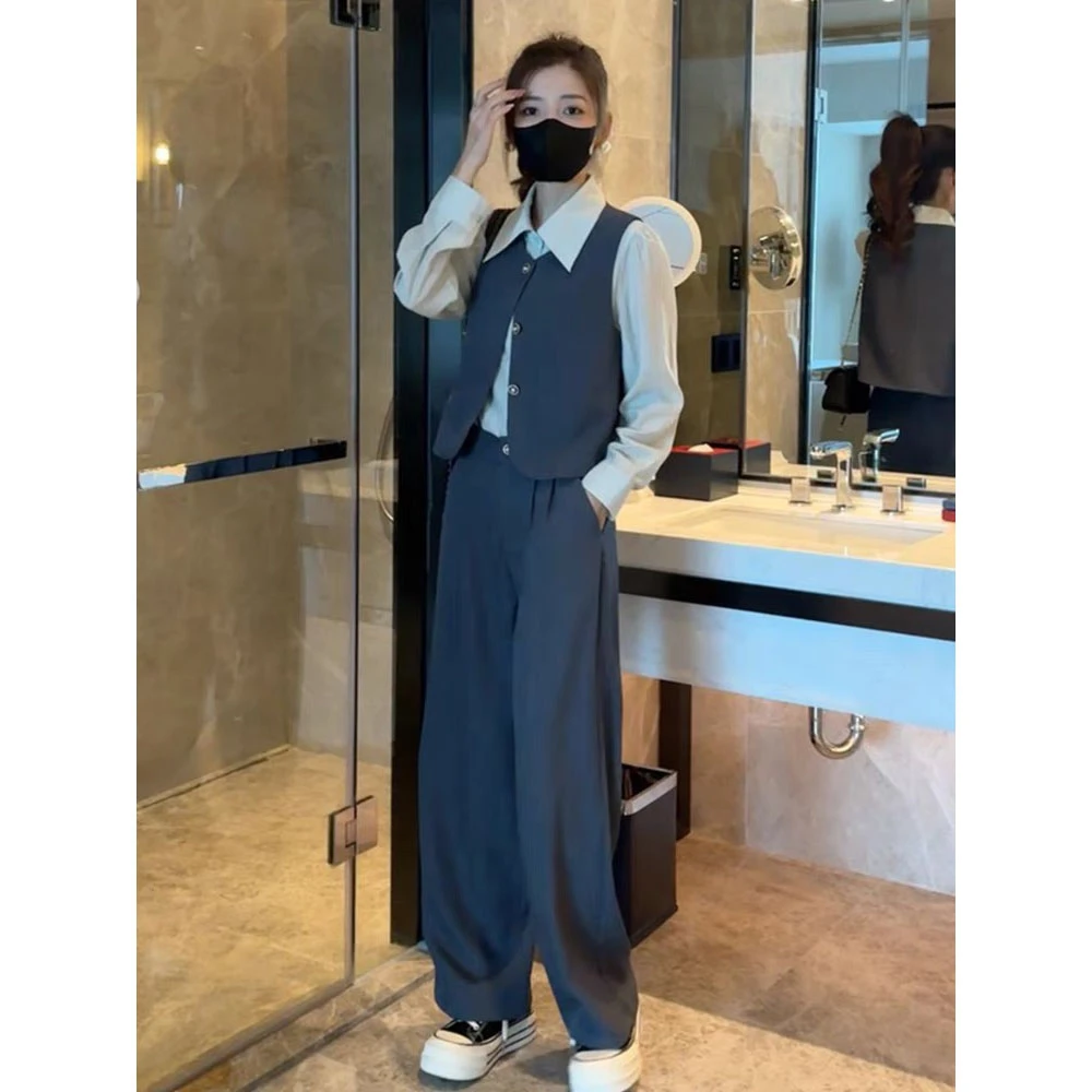 早秋气质穿搭一整套女2024新款洋气衬衫马甲高腰西装阔腿裤三件套