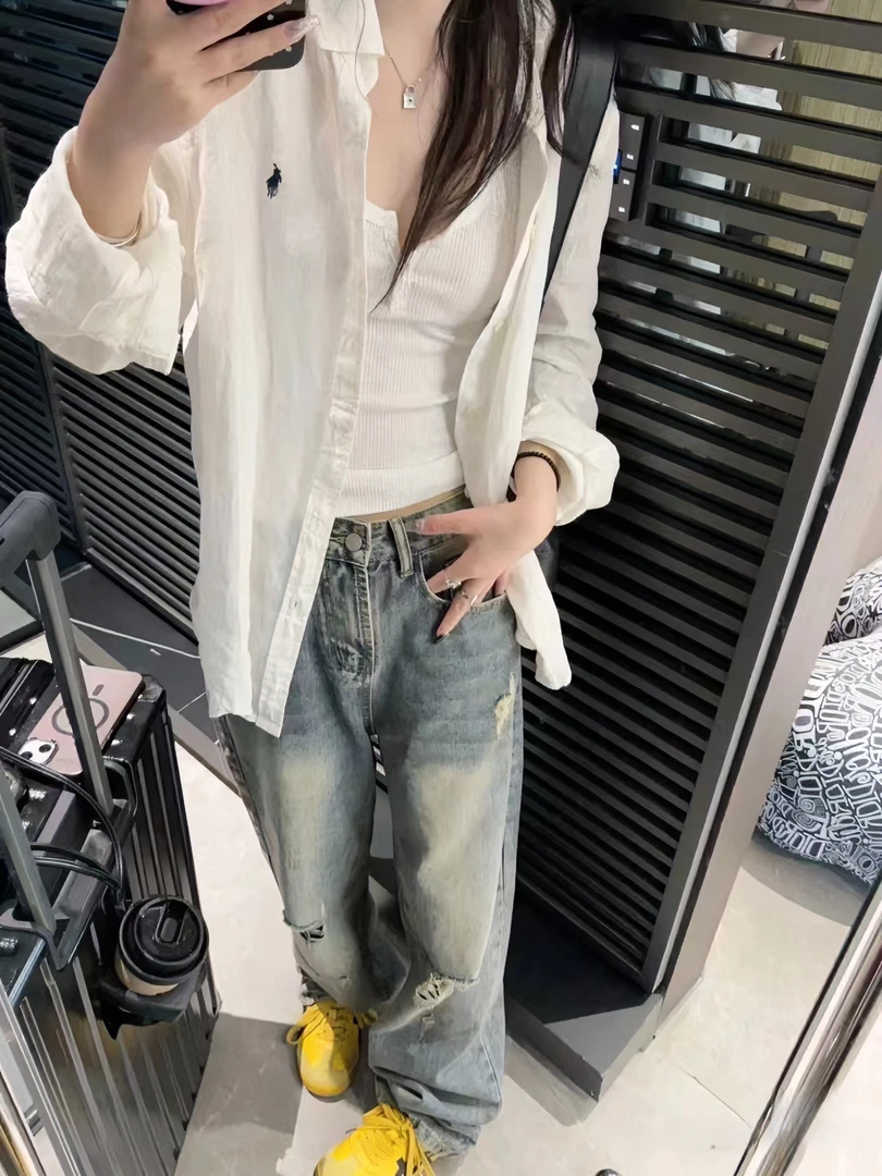 纯棉复古白色衬衫女夏季薄款宽松防晒长袖外套oversize休闲上衣潮