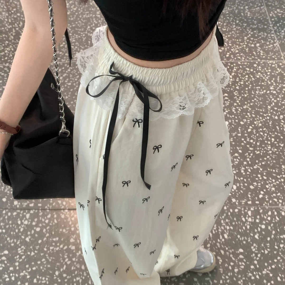 蝴蝶结阔腿裤女夏季薄款裤子拼接蕾丝高腰显瘦垂感宽松拖地休闲裤