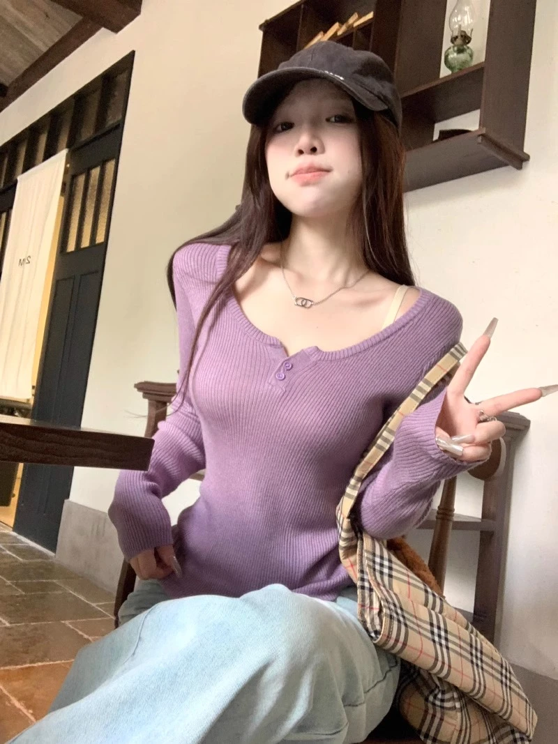 气质紫色半开领内搭针织衫女早秋新款设计感小众别致软糯长袖上衣