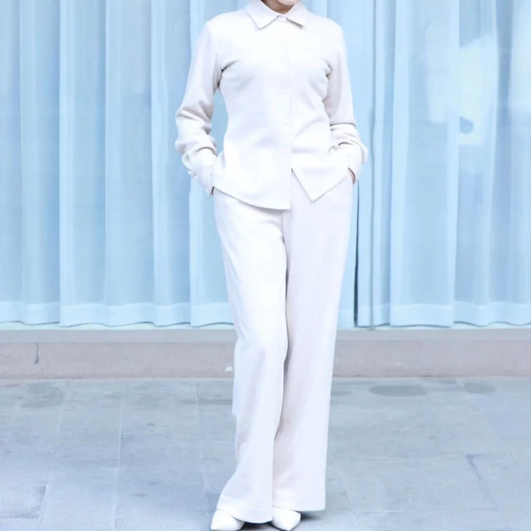 秋冬气质休闲阔腿长裤加厚显瘦时尚春季服饰阔腿裤绵羊毛白色