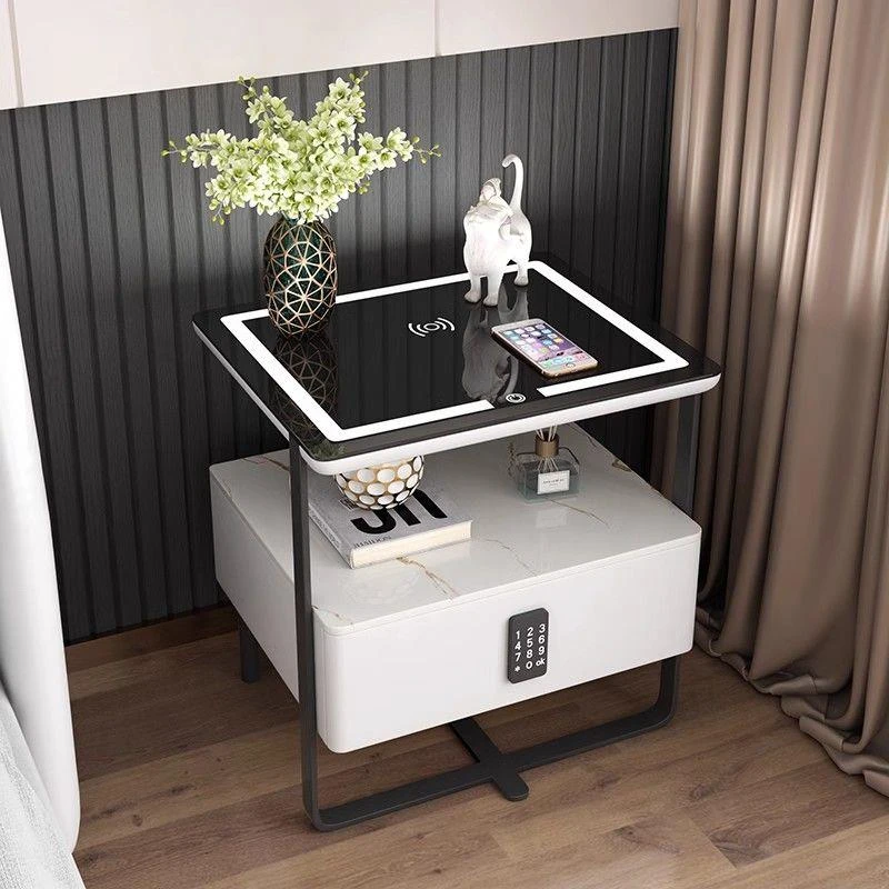 智能床头柜简约现代轻奢密码锁无线家用充电卧室板实实木床边柜