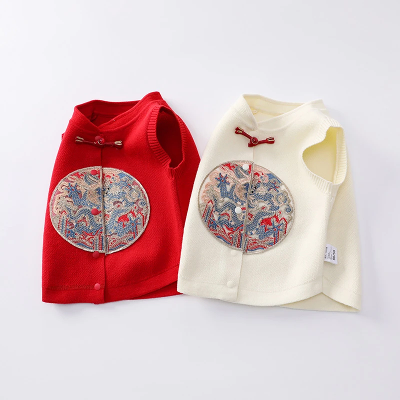 儿童秋冬新款马甲宝宝民族红马甲女童针织马夹背心