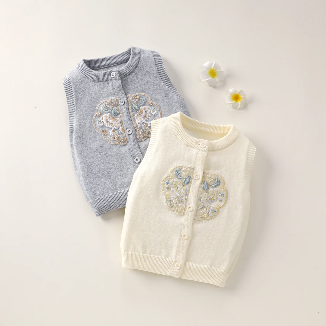 春秋新款韩版男女童圆领国风刺绣开衫宝宝婴幼儿针织马甲背心毛衣