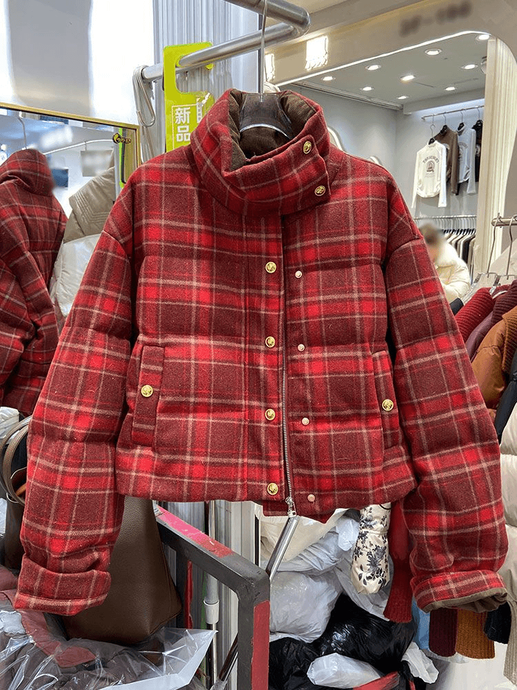 小香风复古圣诞红格子羽绒服女冬季短款韩系立领白鸭绒面包服外套