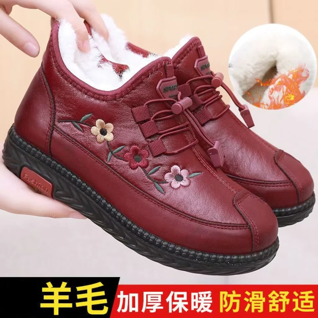 冬季加绒加厚保暖棉羊毛老北京布鞋女棉鞋加绒保暖软底防滑妈妈鞋