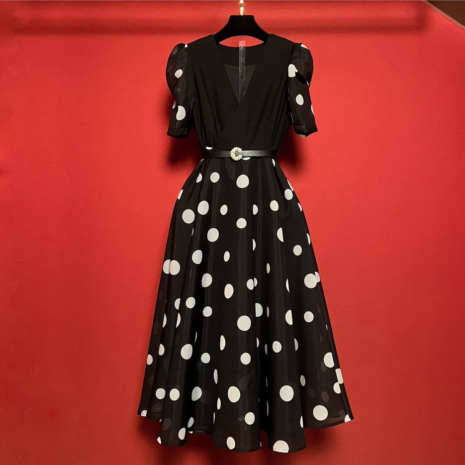 【小熊专属】Q137夏季波点法式长裙高腰显瘦垂感气质时尚夏季连衣裙