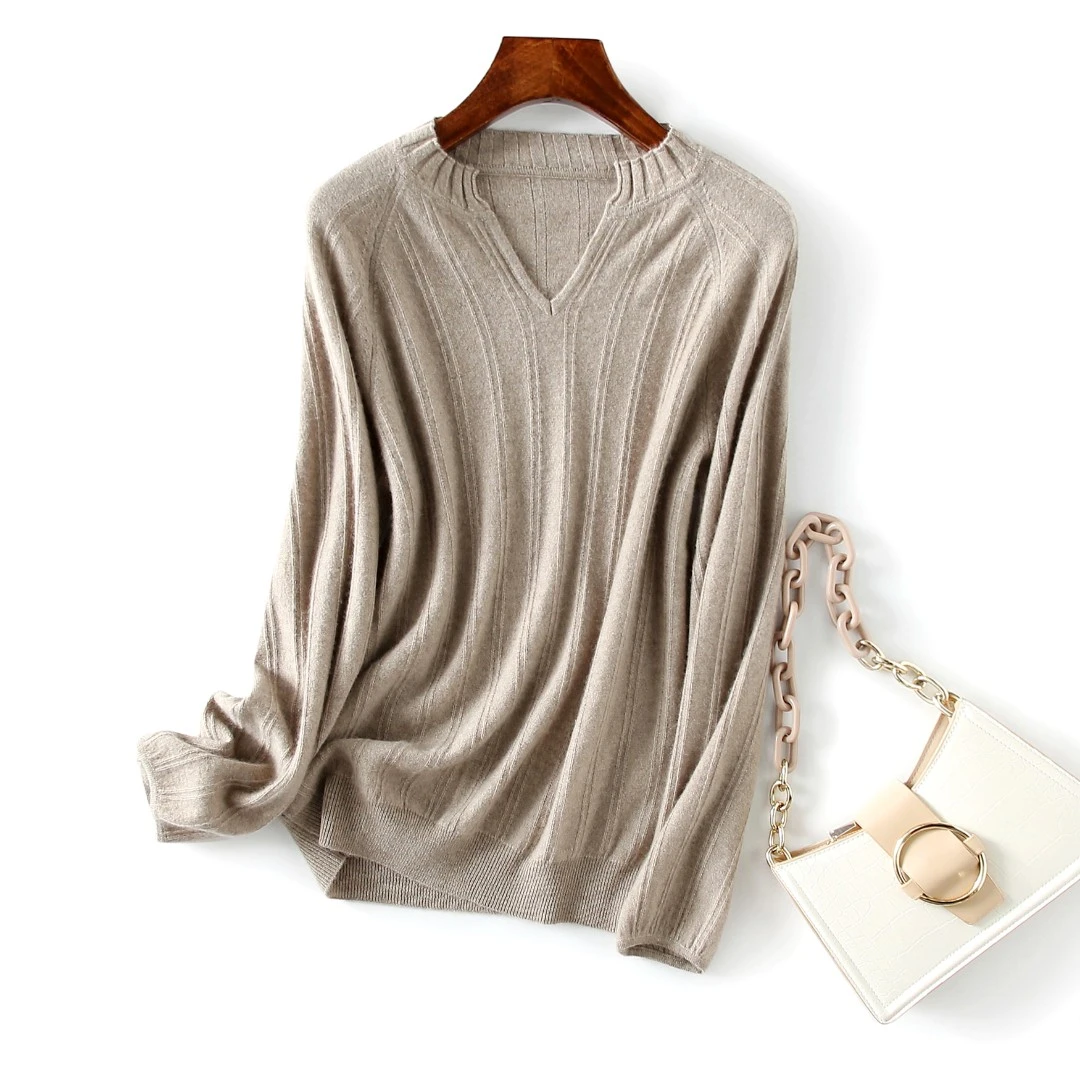 2201新品高端定制女士V领灯笼袖35%羊绒针织衫