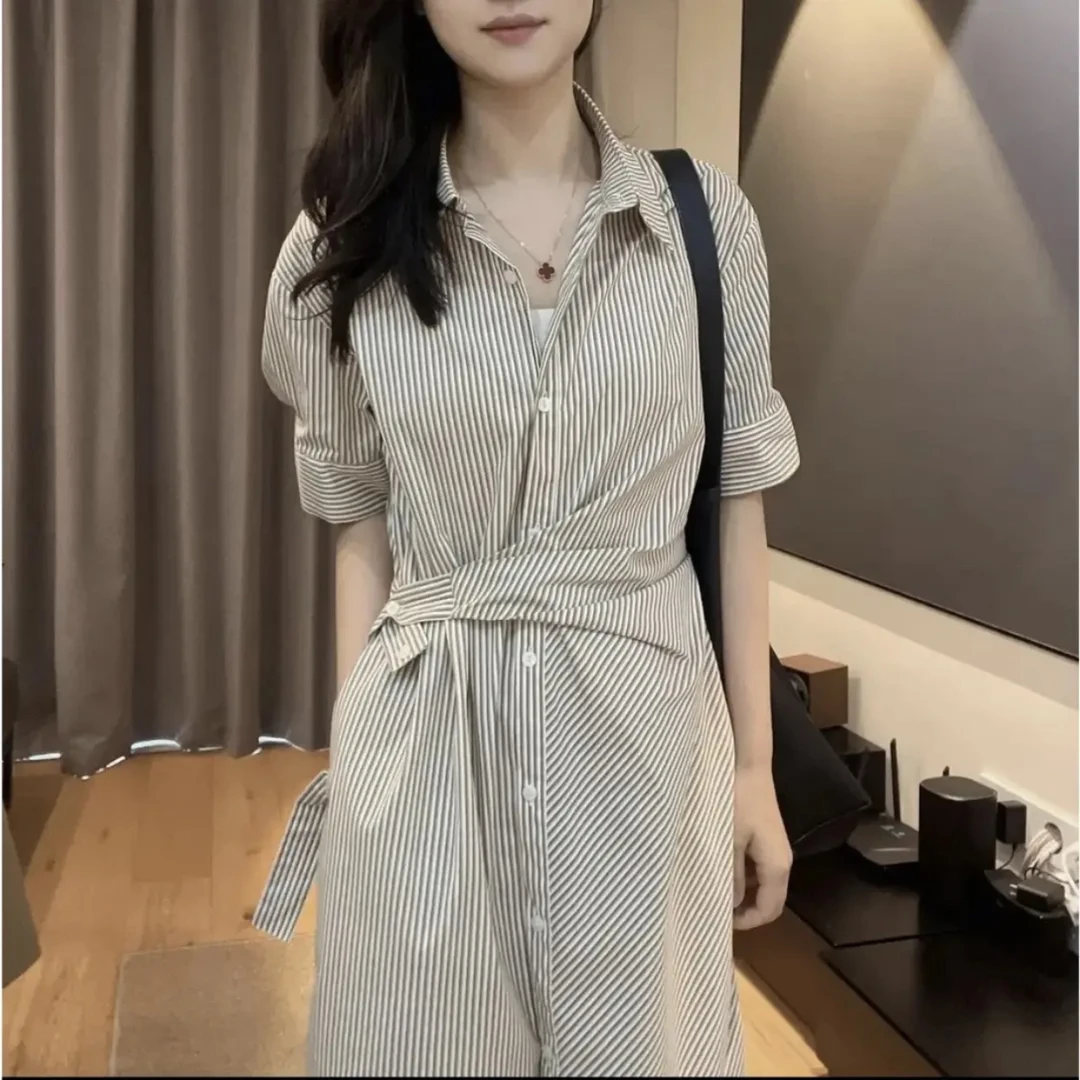 韩式系带短袖衬衫裙子女2025夏季新款翻领条纹收腰气质长裙连衣裙