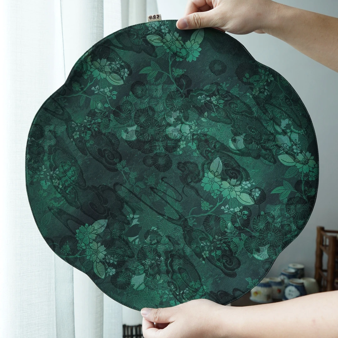 问春风墨绿色碎花丛海堂茶席长方形茶席纤维香云纱料双面41*41