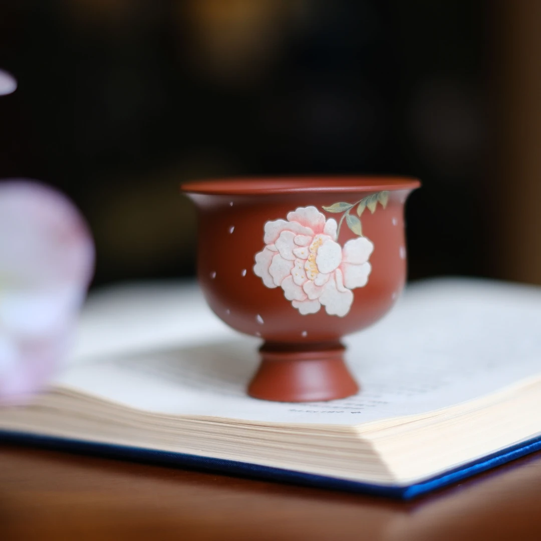 大碗茶器【牡丹花】宜兴泥绘紫砂杯精工原矿小巧精致高足杯家用90cc