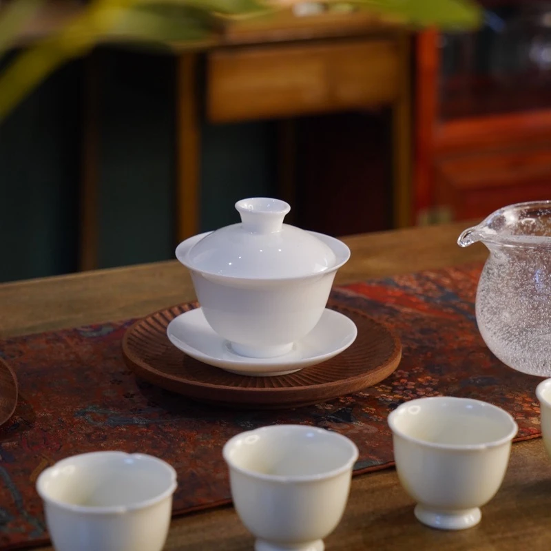 大碗茶器 白瓷盖碗手工茶盖碗简约白色单个中式家用泡茶碗120cc
