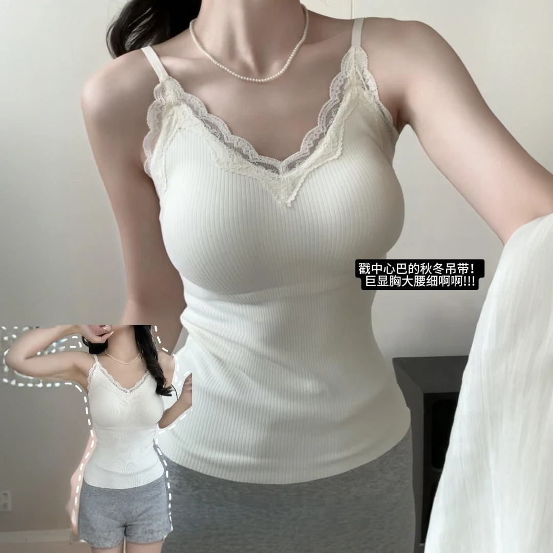 性感纯欲风网红女士显瘦带胸垫蕾丝美背吊带背心可外穿与文胸一体