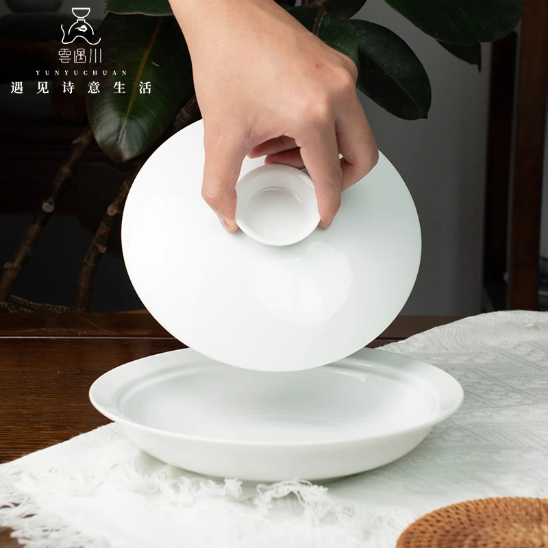 云遇川雪落和合器景德镇餐具高白瓷盘菜盘家用轻奢高颜值深盘带盖