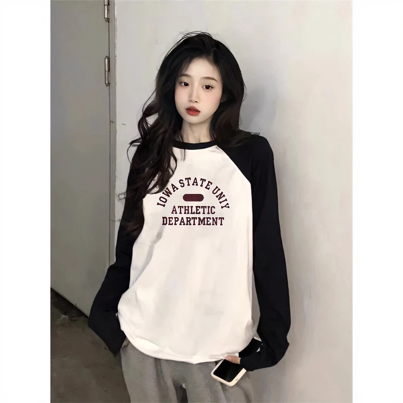 纯棉秋春拼接插肩袖长袖t恤女中长款ins宽松小众内搭显瘦打底衫