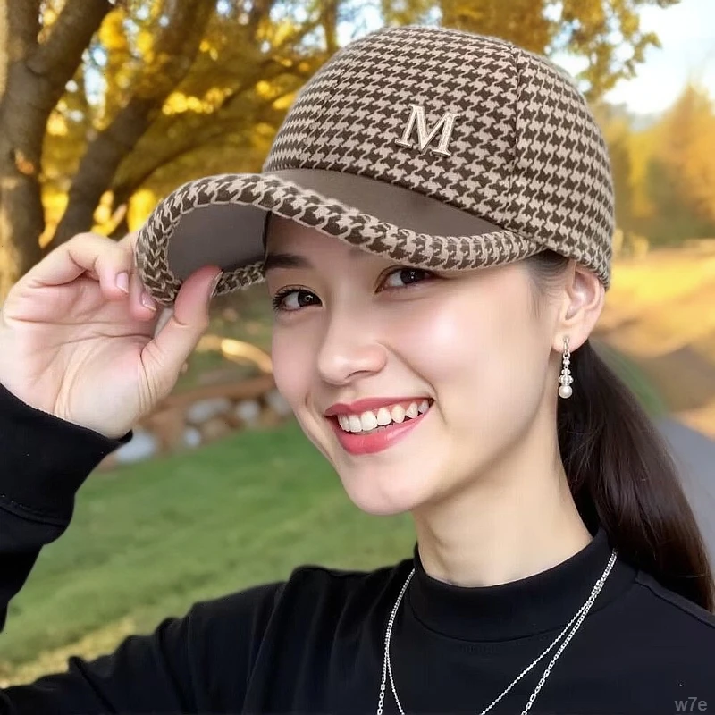 秋冬季毛呢时尚英伦复古千鸟格休闲百搭弯檐鸭舌帽子女棒球帽洋气