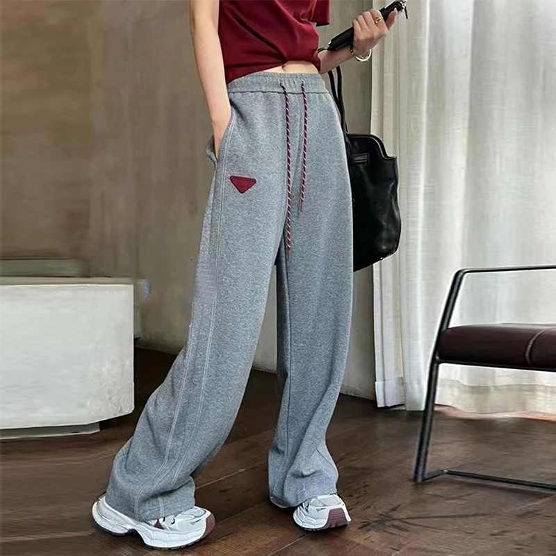 撞色三角标高腰运动裤女欧洲站2024年秋季新款时尚垂感阔腿裤卫裤