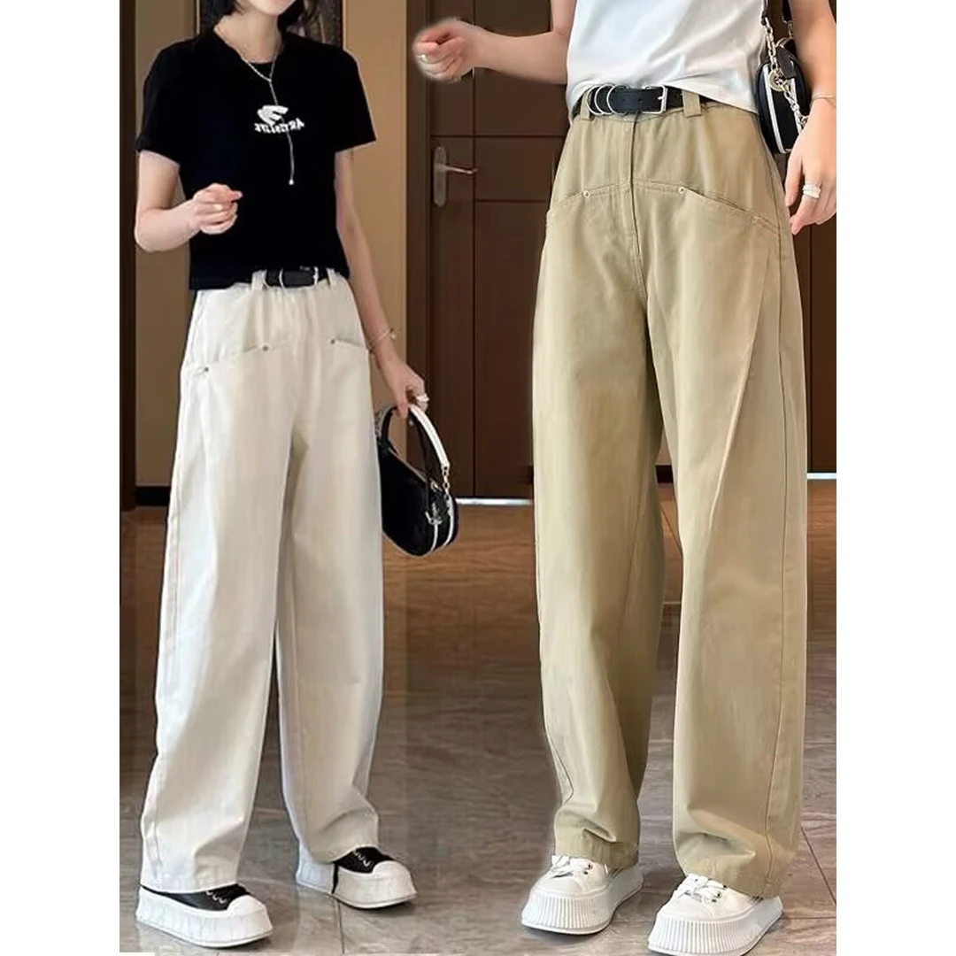 韩版工装休闲裤女春秋2024新款高腰宽松白色直筒窄版阔腿裤子穿搭