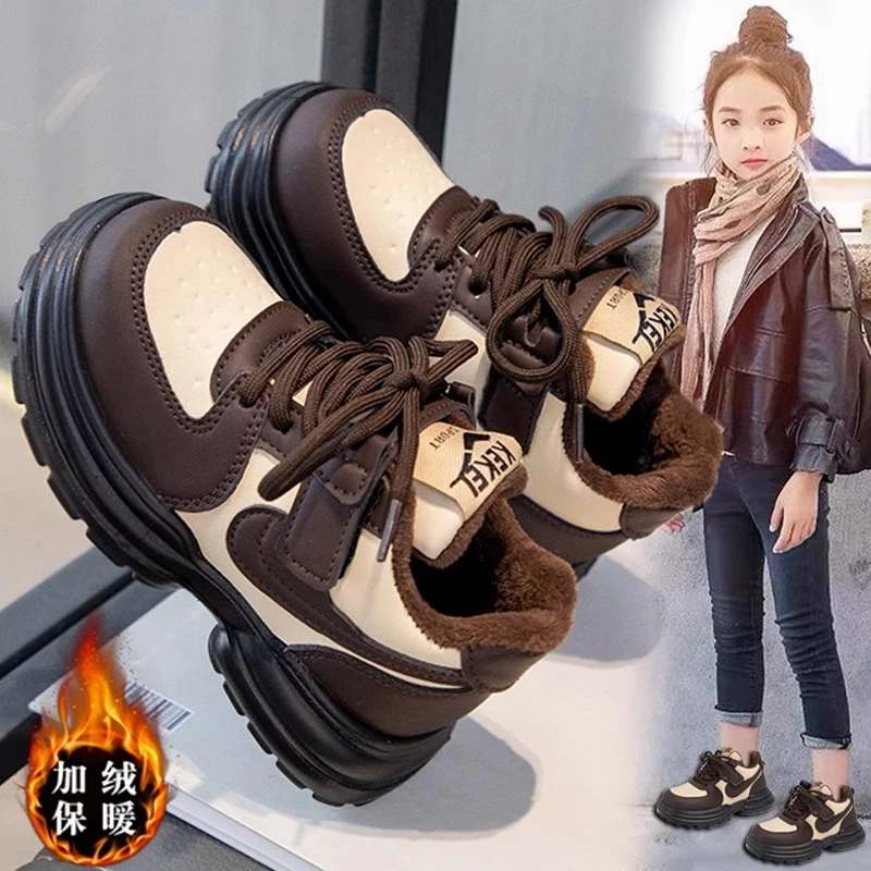 中大童儿童棉鞋冬季新款女童加绒加厚保暖运动鞋女孩厚底防水皮鞋