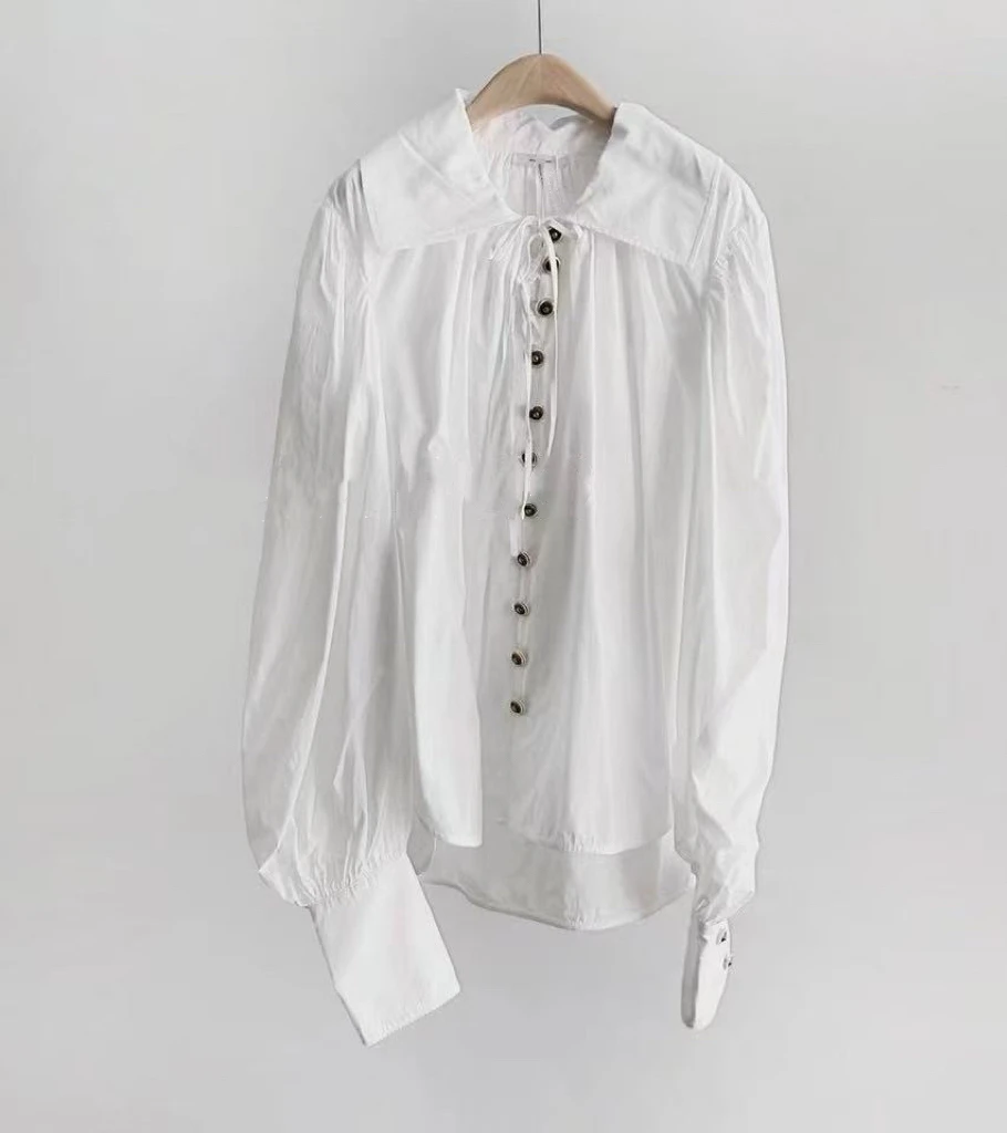 <MW新品>24秋冬 单排扣翻领宫廷风灯笼袖衬衫 设计感