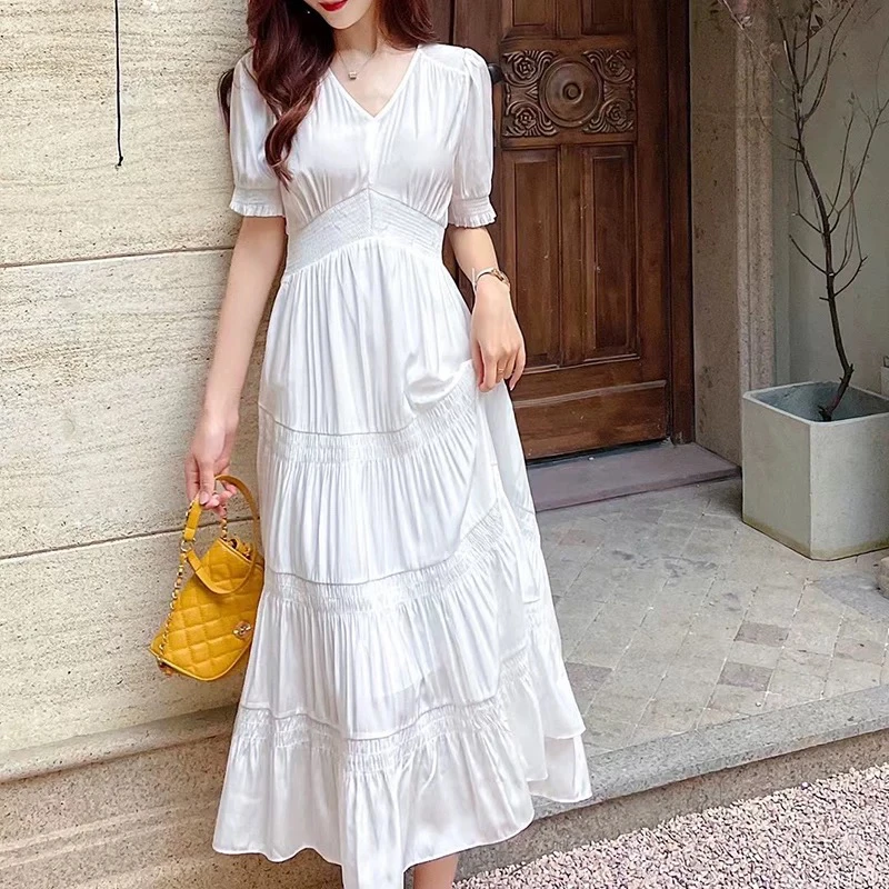 新款女装V领松紧腰遮肚显瘦长款连衣裙仙女裙夏装时尚