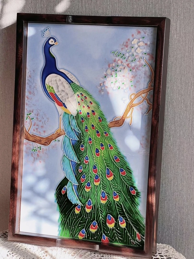 【粤薇】新中式孔雀超大瓷板画--28*43茶盘收纳家居摆件手工彩绘