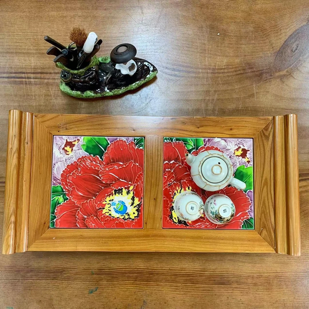 【粤薇】大红花翘头瓷板画茶盘--62*30收纳桌面摆件手工彩绘榆木