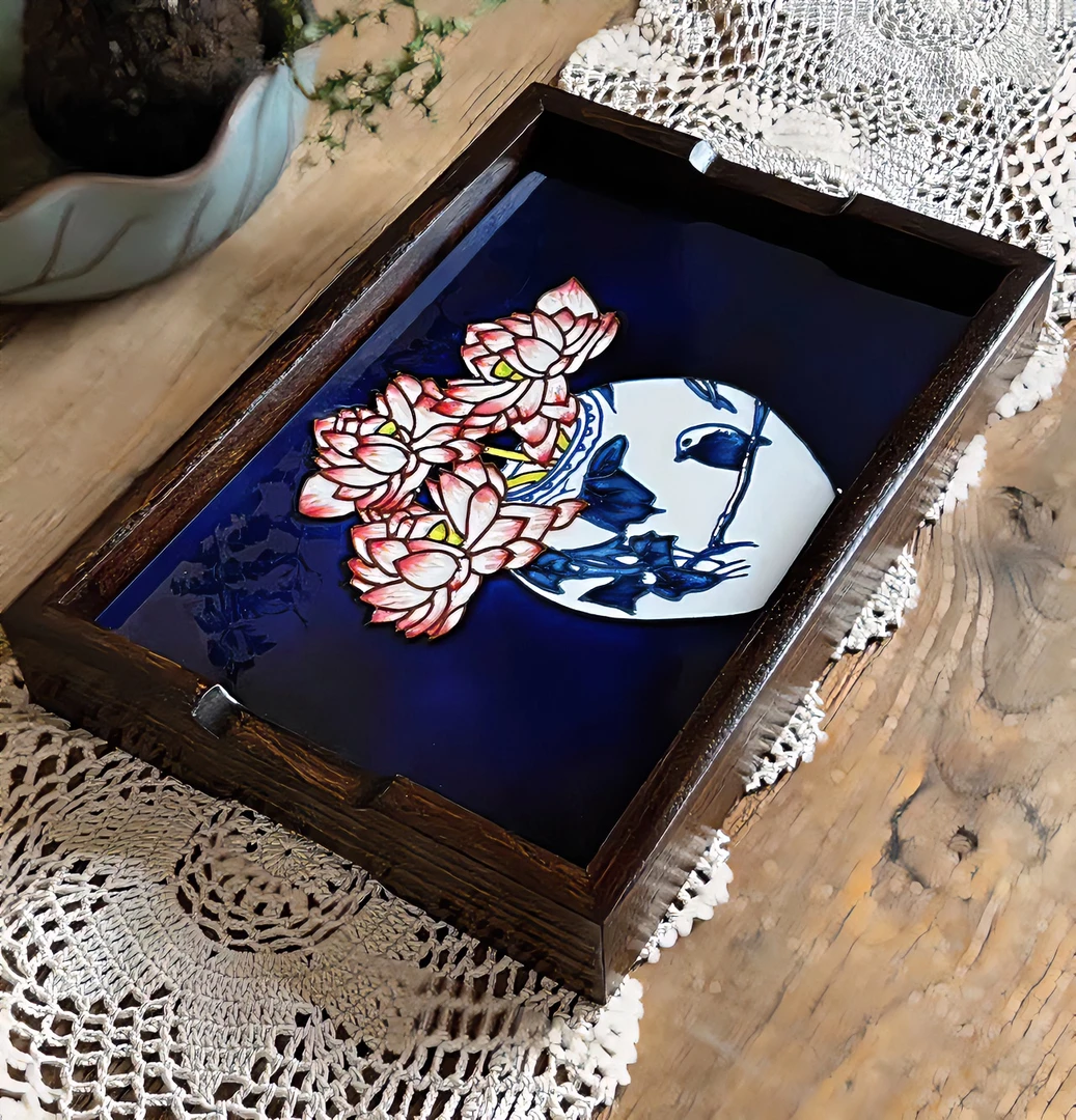 【 粤薇 】蓝底荷花茶盘--23*33收纳家庭手绘立体瓷板画桌面摆件