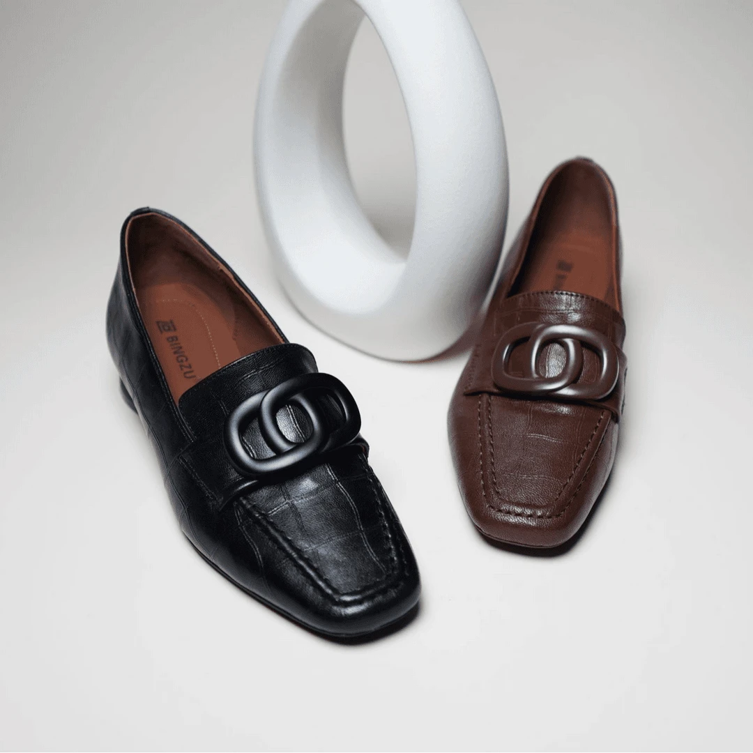 3cm秋季新款牛皮方头粗跟时尚百搭单鞋低跟舒适休闲一脚蹬乐福鞋