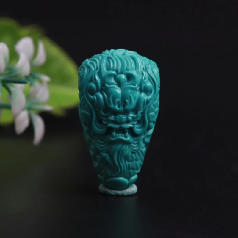 绿松石龙三通天然原矿精工雕刻手工精雕绿色瓷釉级108星月配饰