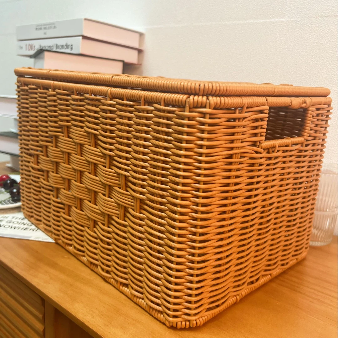 NW509仿藤方形手提翻盖收纳筐家用杂物衣物收纳篮36*26*22