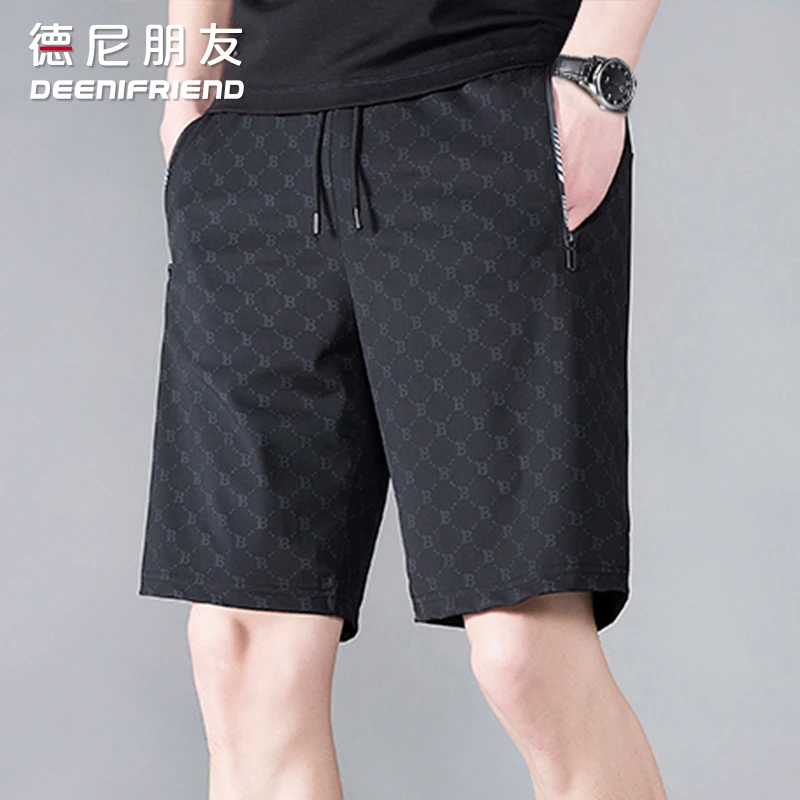 德尼朋友新款男士夏季冰丝休闲裤时尚修身宽松运动弹力透气短裤