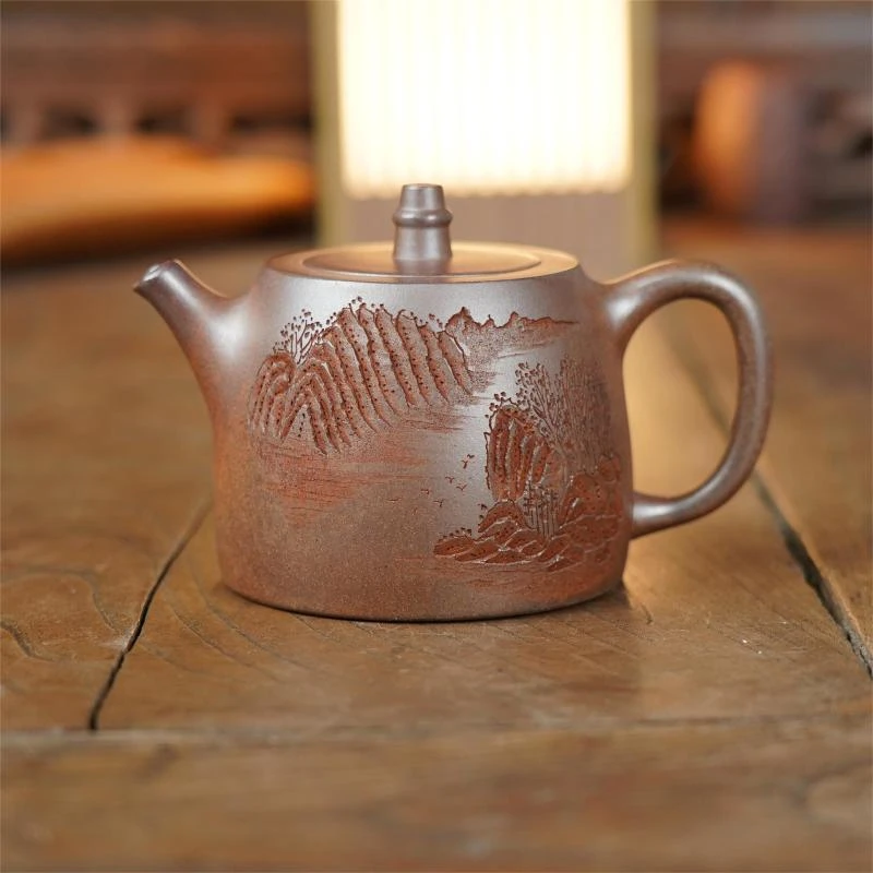 宜兴原矿紫泥刻绘观山汉铎紫砂壶容量280CC手工茶壶茶具