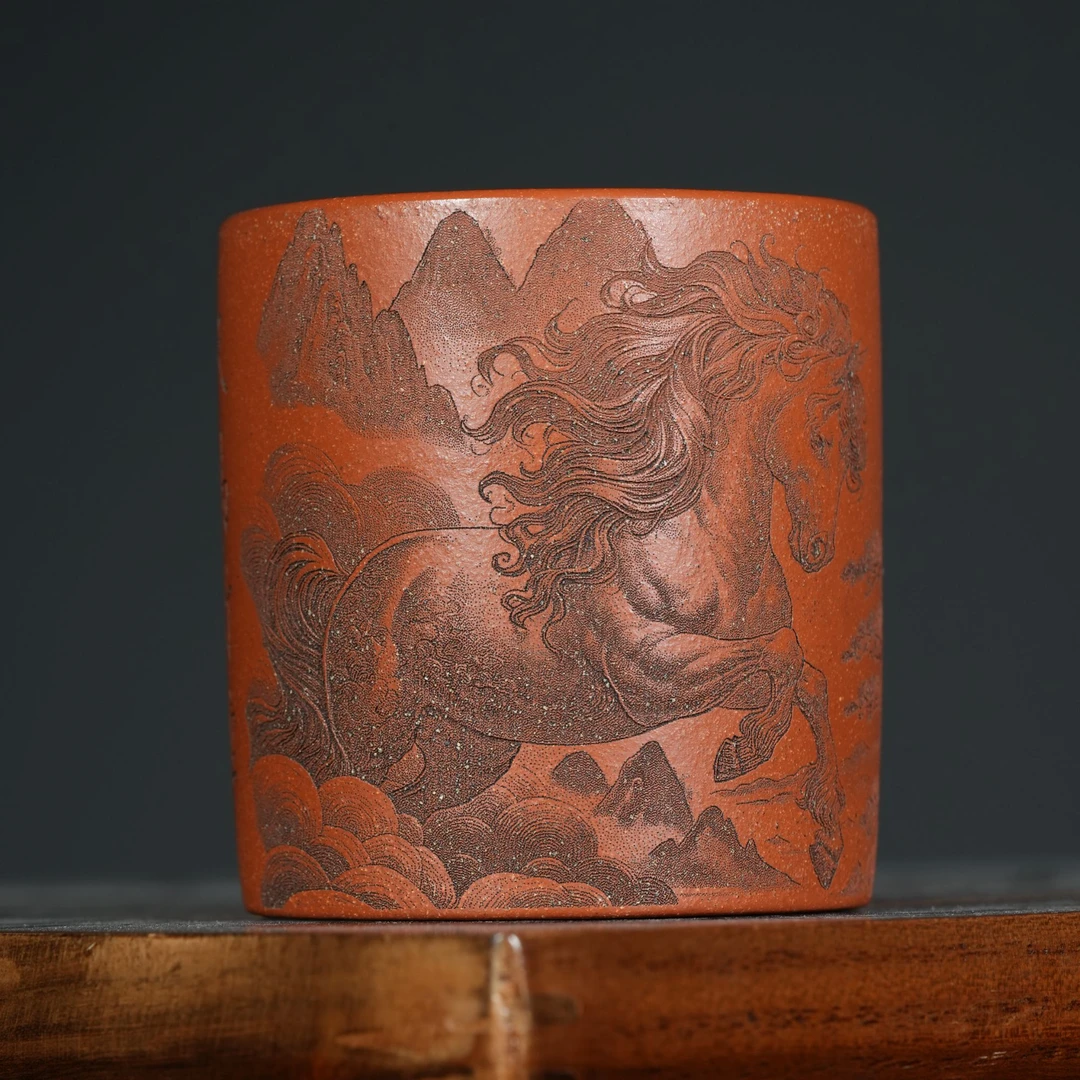 宜兴原矿降坡泥书法刻绘天马行空紫砂手工主人杯容量160CC