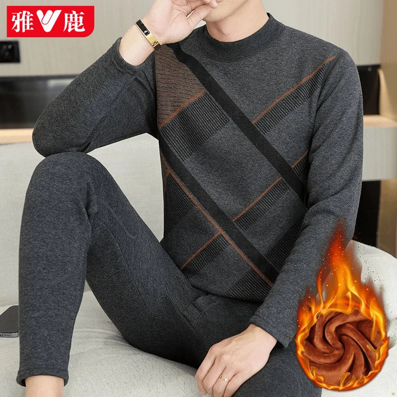 雅鹿新款男保暖内衣套装男秋冬季加绒加厚中老年人中领防寒保暖衣