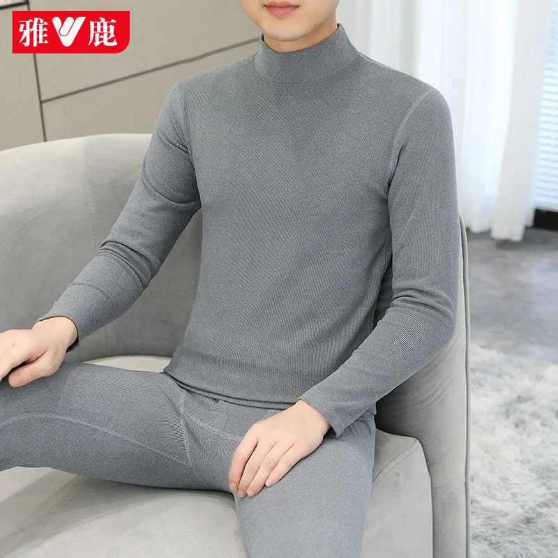 雅鹿本命年保暖内衣男双面德绒半高领打底衫中青年酒红色秋衣秋裤