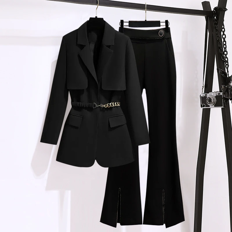 一整套早秋穿搭大码胖mm高级感气质西装外套微喇裤巨显瘦梨形套装