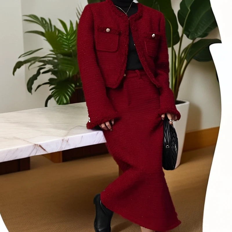 深冬装搭配一整套圣诞新年战袍红色订婚敬酒服富家千金两件套装裙