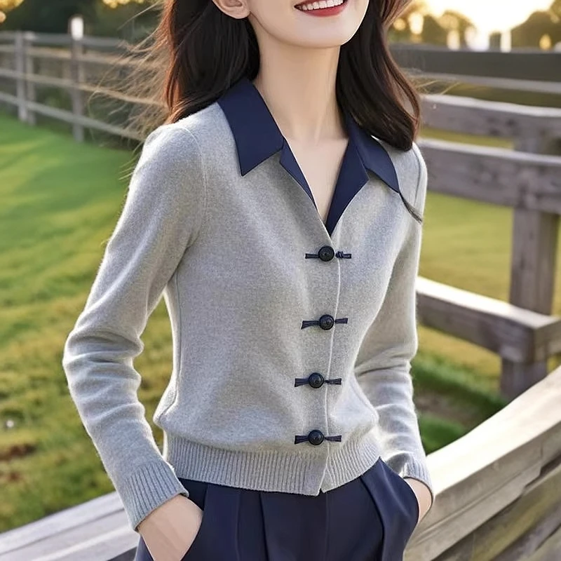 国风气质polo领时尚针织开衫长袖减龄休闲高级感法式拼色盘扣上衣