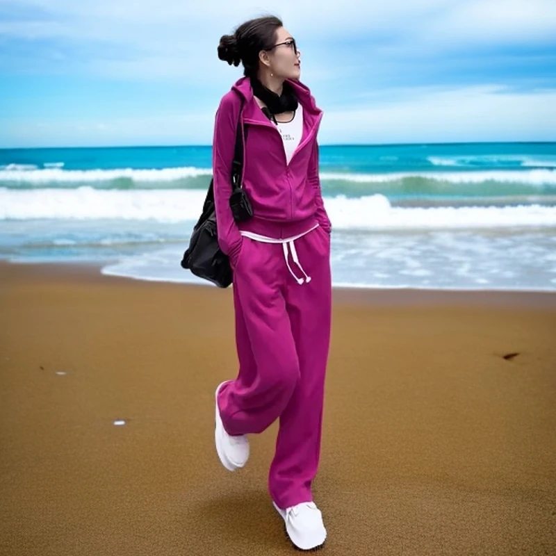 时尚洋气宽松加厚运动套装女春秋休闲连帽拉链外套阔腿裤两件套潮