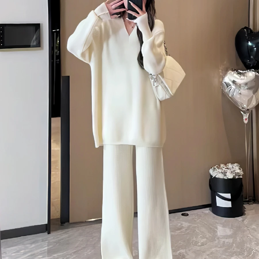 欧货2024新款秋冬针织套装女高级感慵懒风V领毛衣休闲长裤两件套