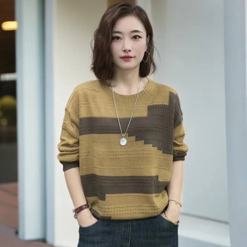 高档撞色中年妈妈针织衫遮肚子秋装宽松百搭洋气时尚休闲女士毛衣