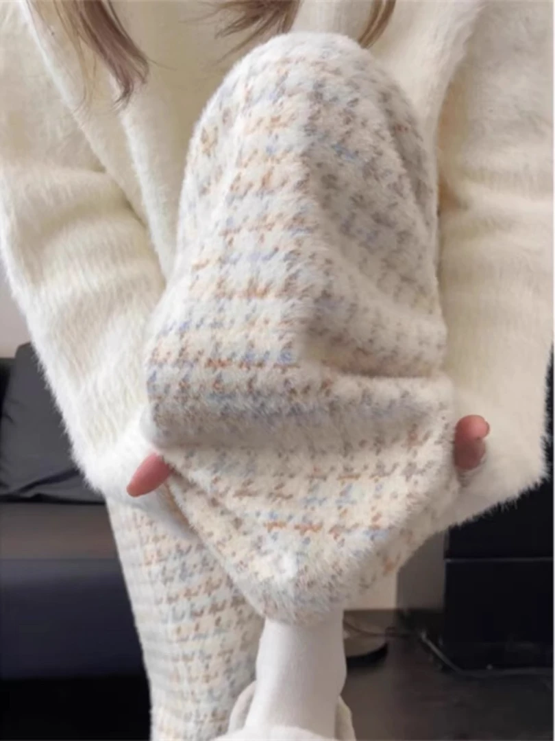 好温柔的千鸟格绒绒 裤~小香风毛呢阔腿裤子女秋季宽松针织直筒裤