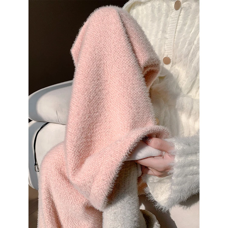 粉色针织阔腿裤女秋冬新款加绒加厚高腰休闲直筒窄版糯米裤加绒